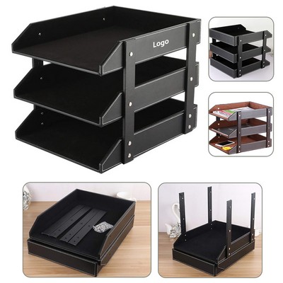 3-Tier Stackable PU Leather Desk File Rack Organizer